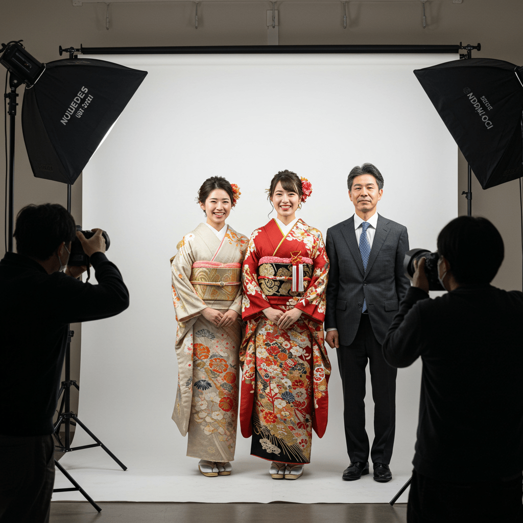 写真スタジオで振袖姿の娘と両親の記念撮影