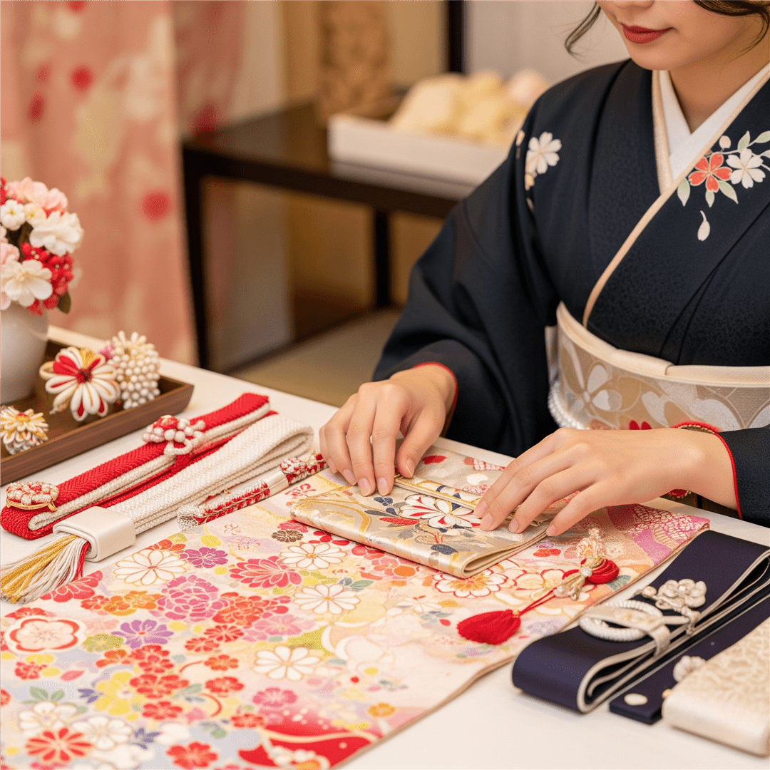 振袖に合わせてカラフルな和装小物を選ぶ手元