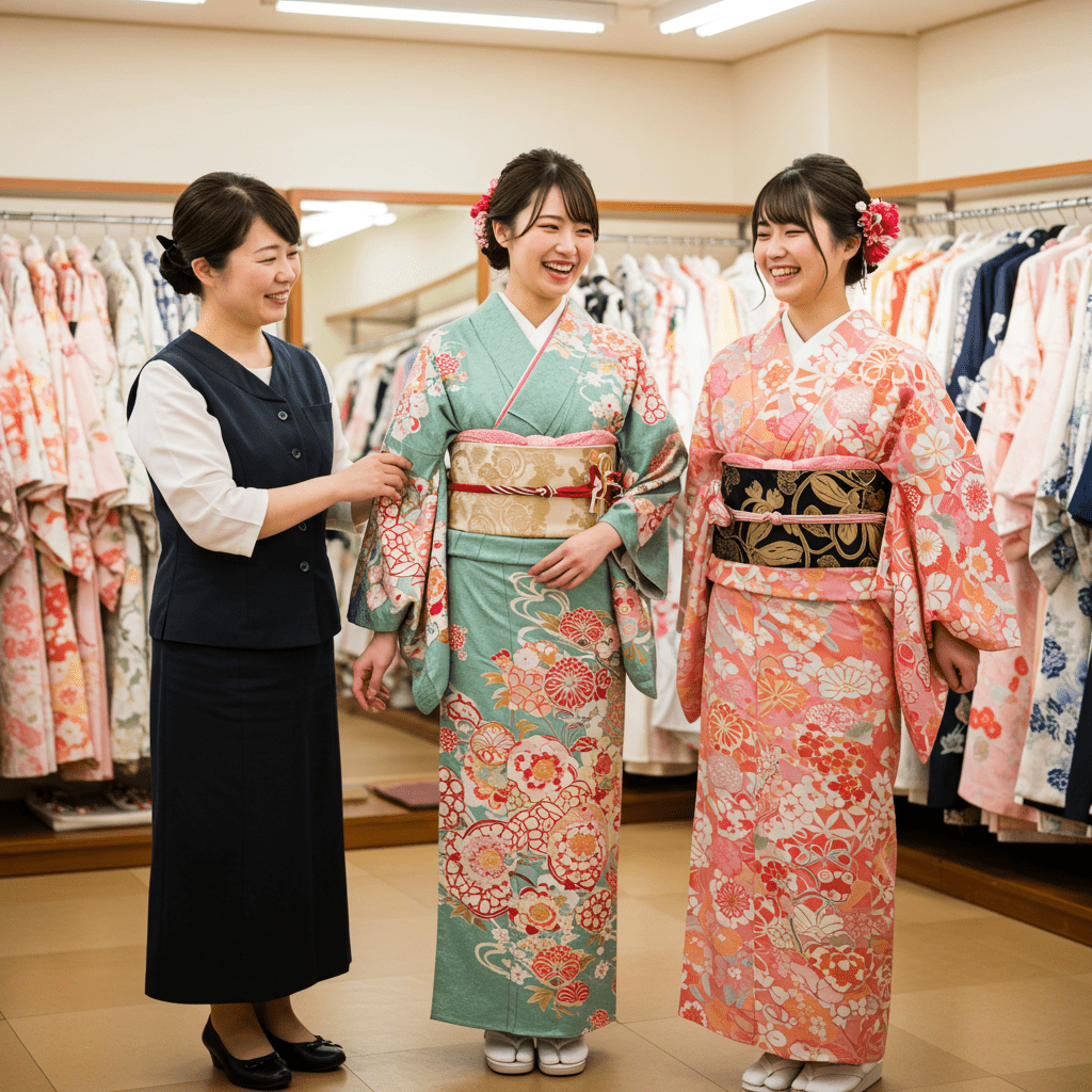 振袖店で店員と楽しそうに振袖を選ぶ女性