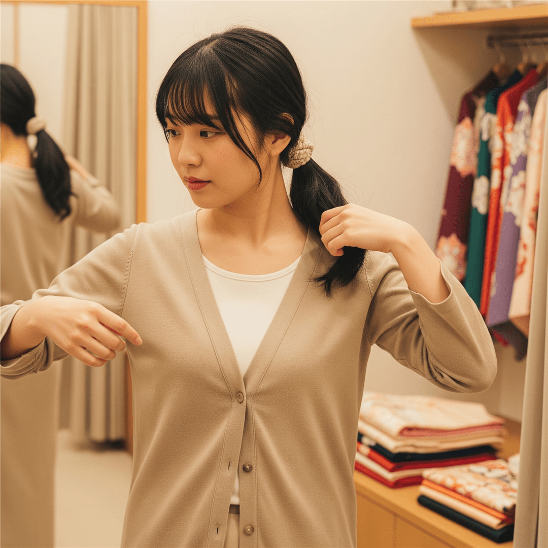 振袖試着の準備で髪をまとめる女性