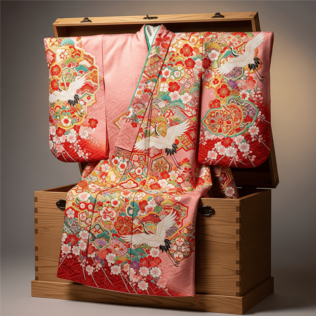 桐箪笥に納められた、色鮮やかで美しい振袖