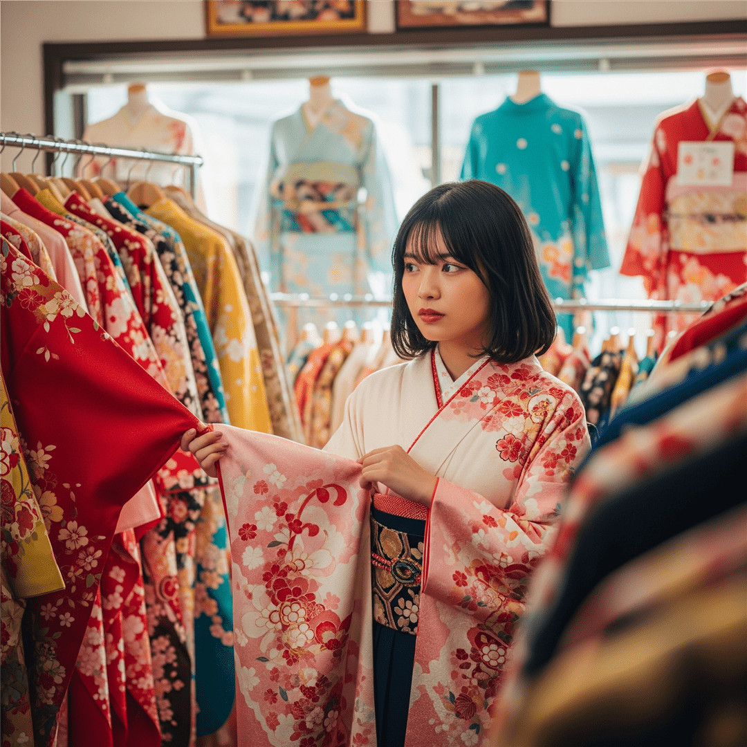成人式の振袖を選んでいる若い日本人女性