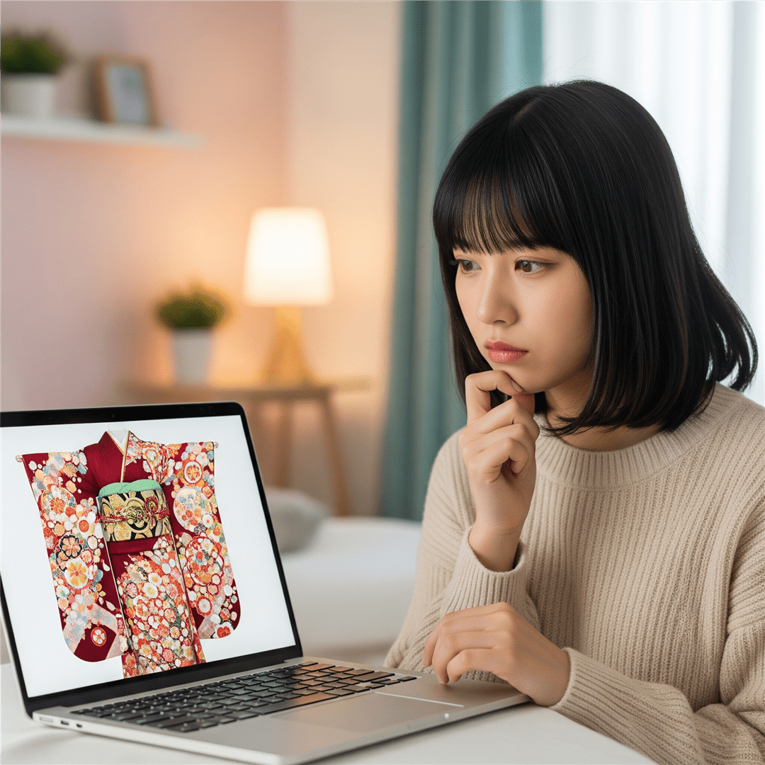 オンラインで振袖を選び、少し不安げな表情の女性