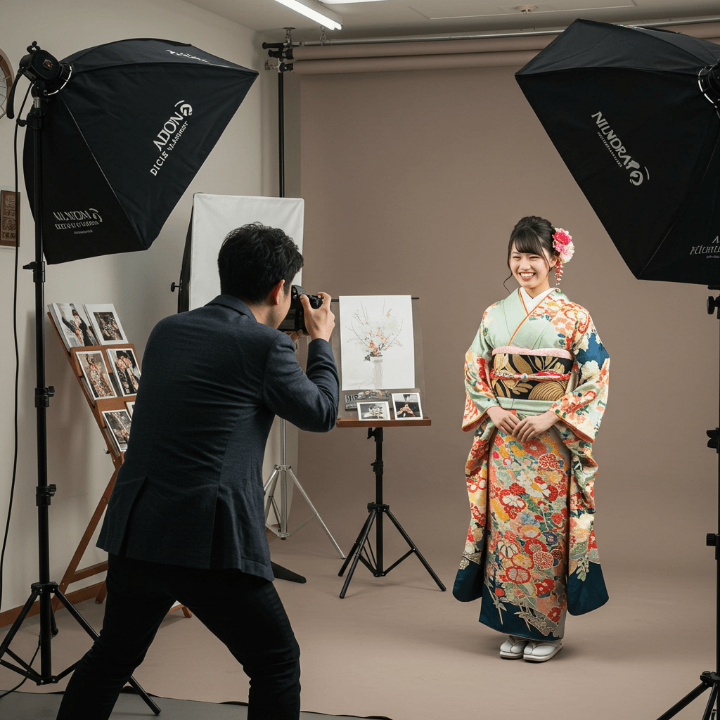 振袖姿の女性をプロが写真スタジオで撮影中