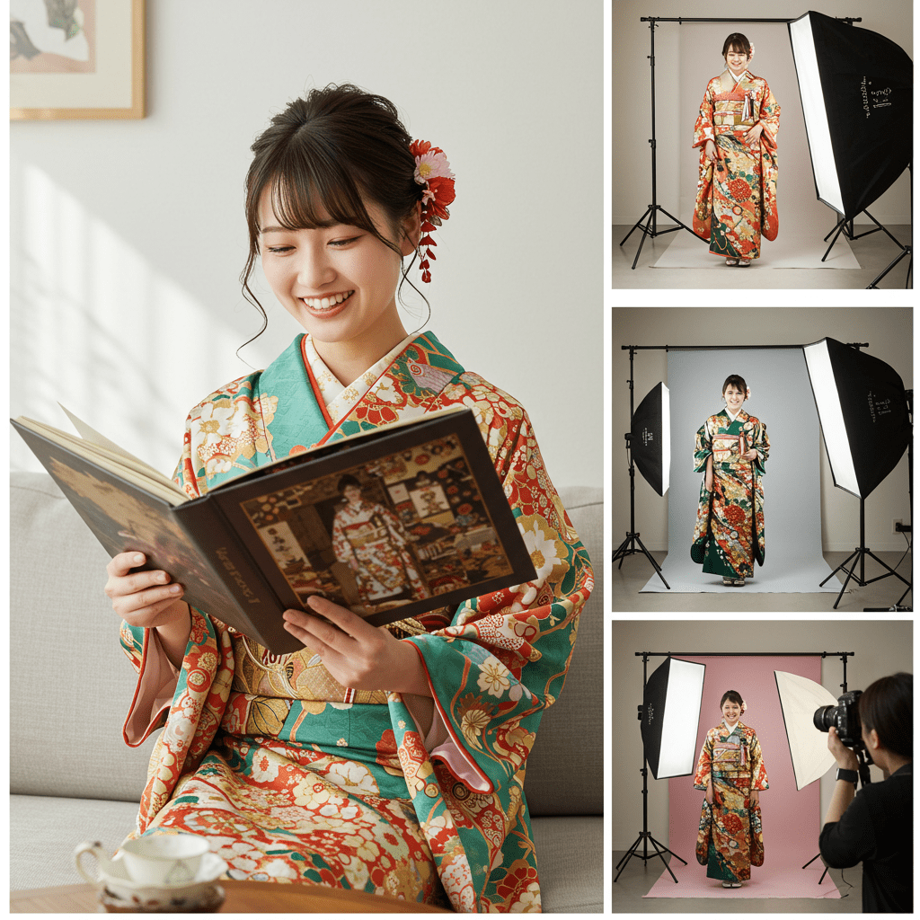 振袖写真のアルバムを見て微笑む女性