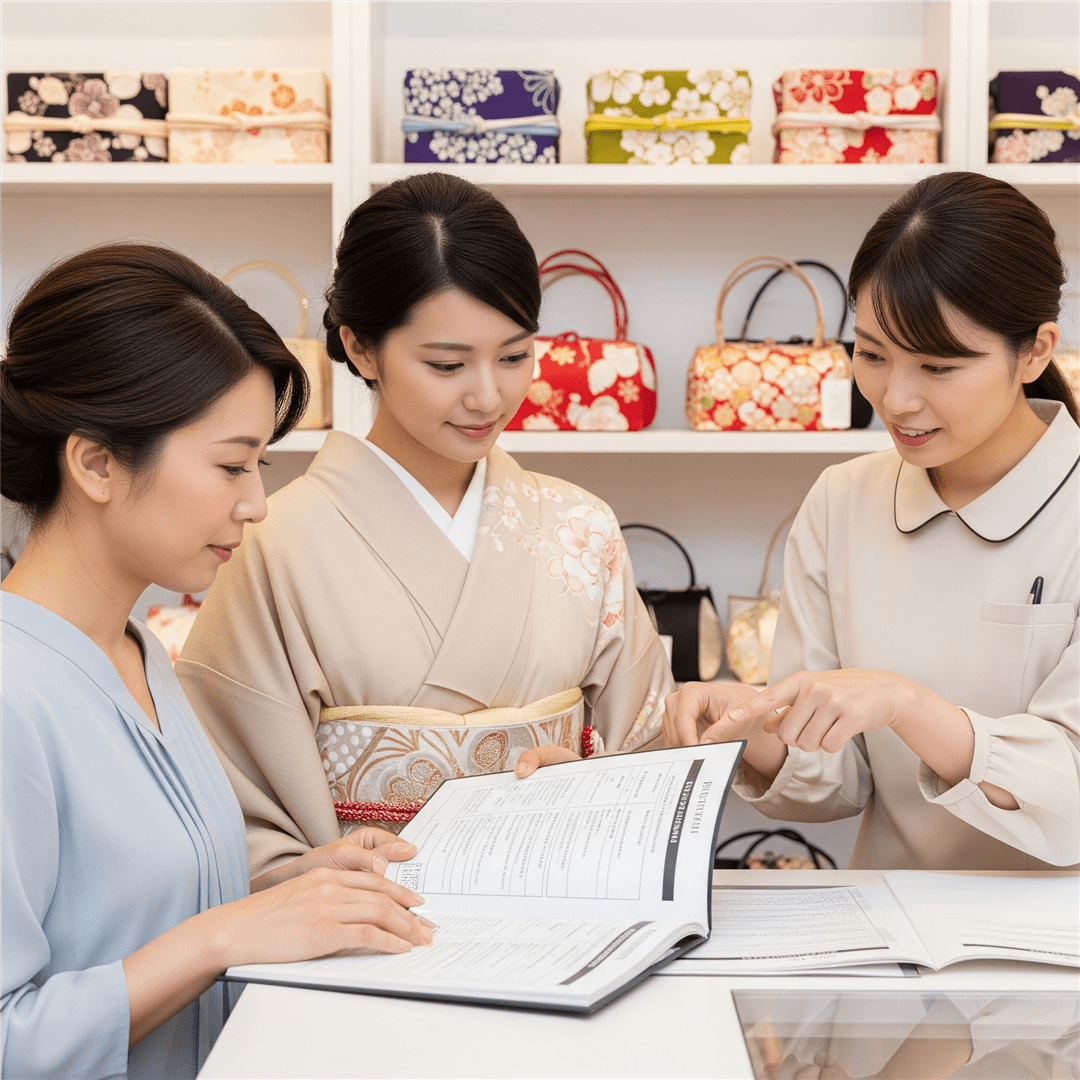 振袖店で契約内容を確認する母娘と店員