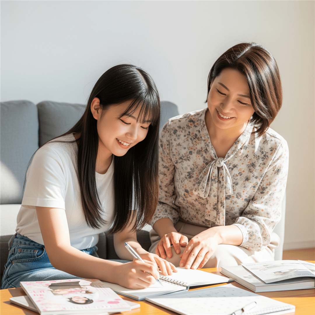 自宅で振袖選びの計画を立てる母娘