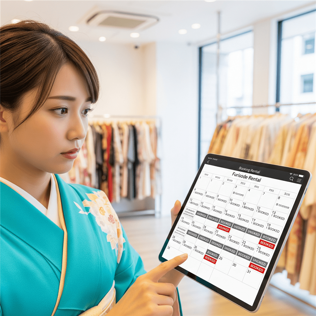 振袖レンタルの予約状況を心配そうに見る女性