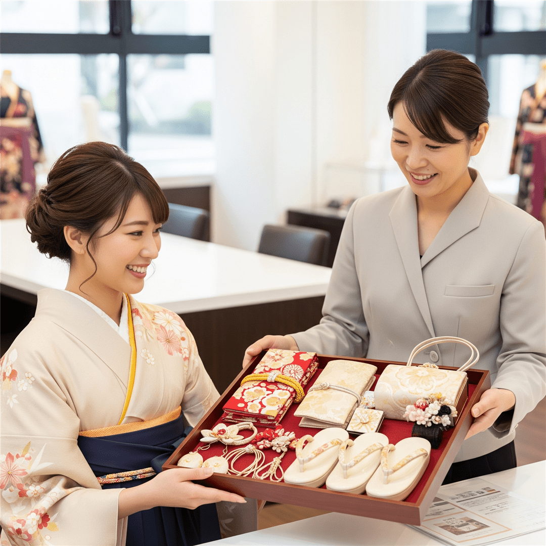 振袖レンタル店で楽しそうに小物セットを見る女性