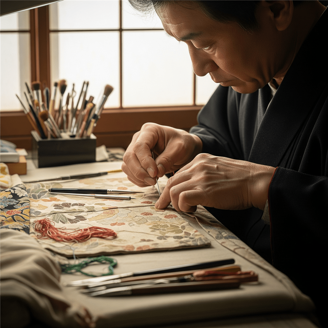 振袖を丁寧に修繕する職人の手元