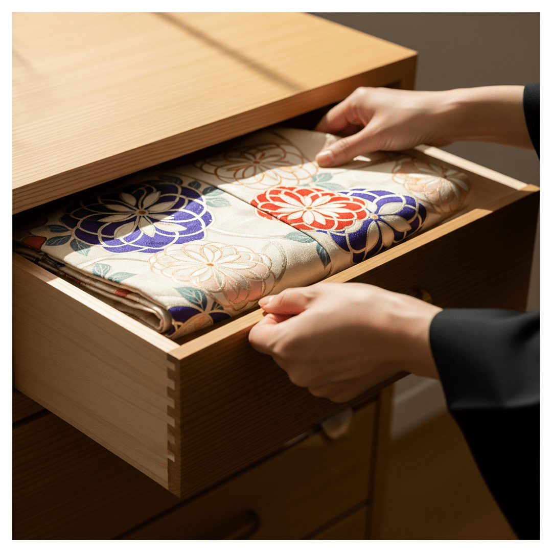 桐箪笥の振袖と手入れをする手元