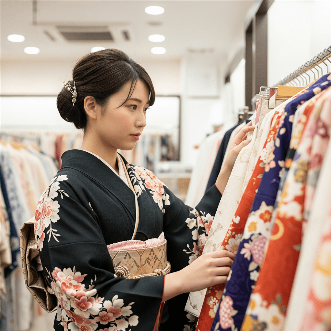 振袖店舗で品揃えを見ている、少し考える様子の女性
