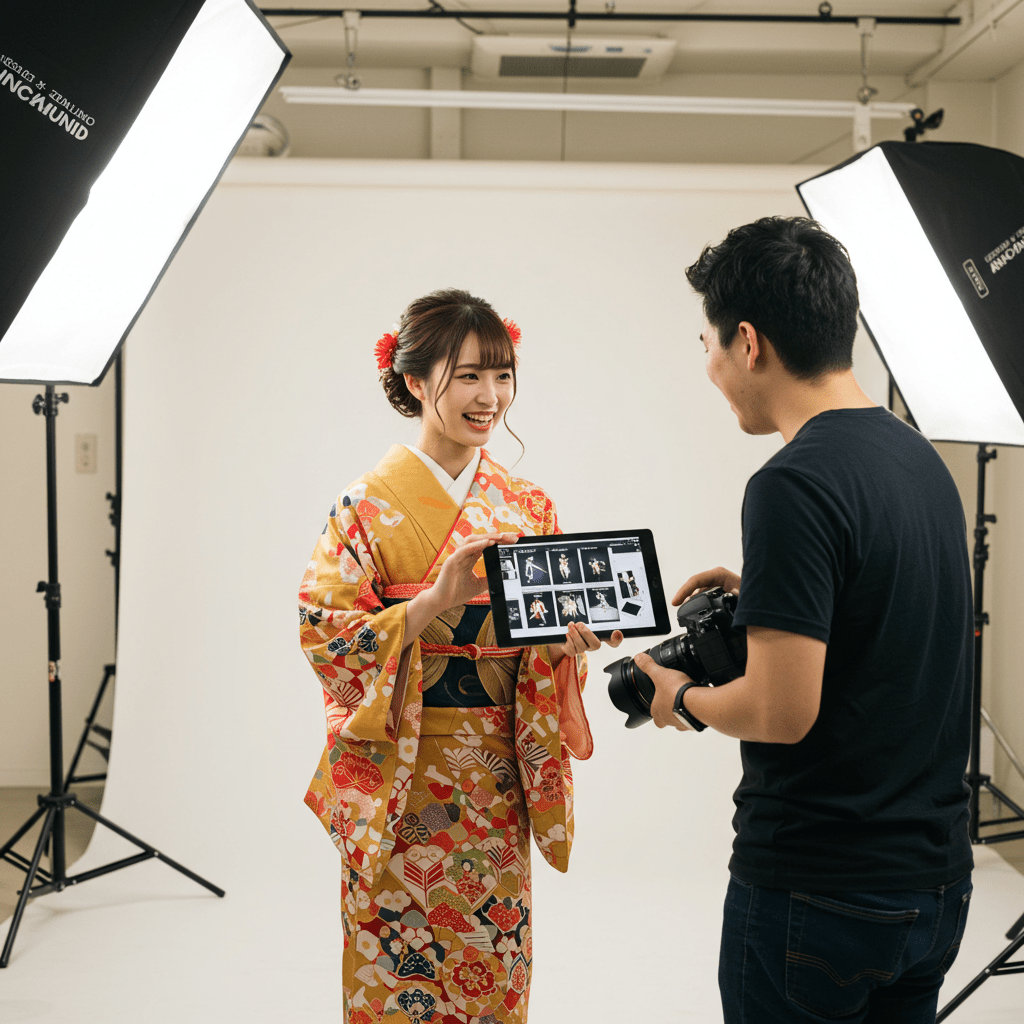振袖姿の女性がスタジオでカメラマンと撮影イメージを相談している様子