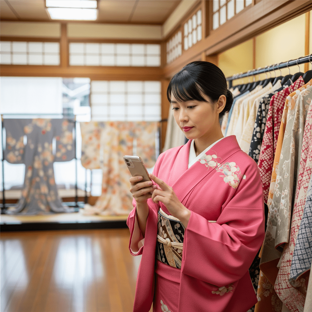 スマートフォンを手に着物を選ぶ女性