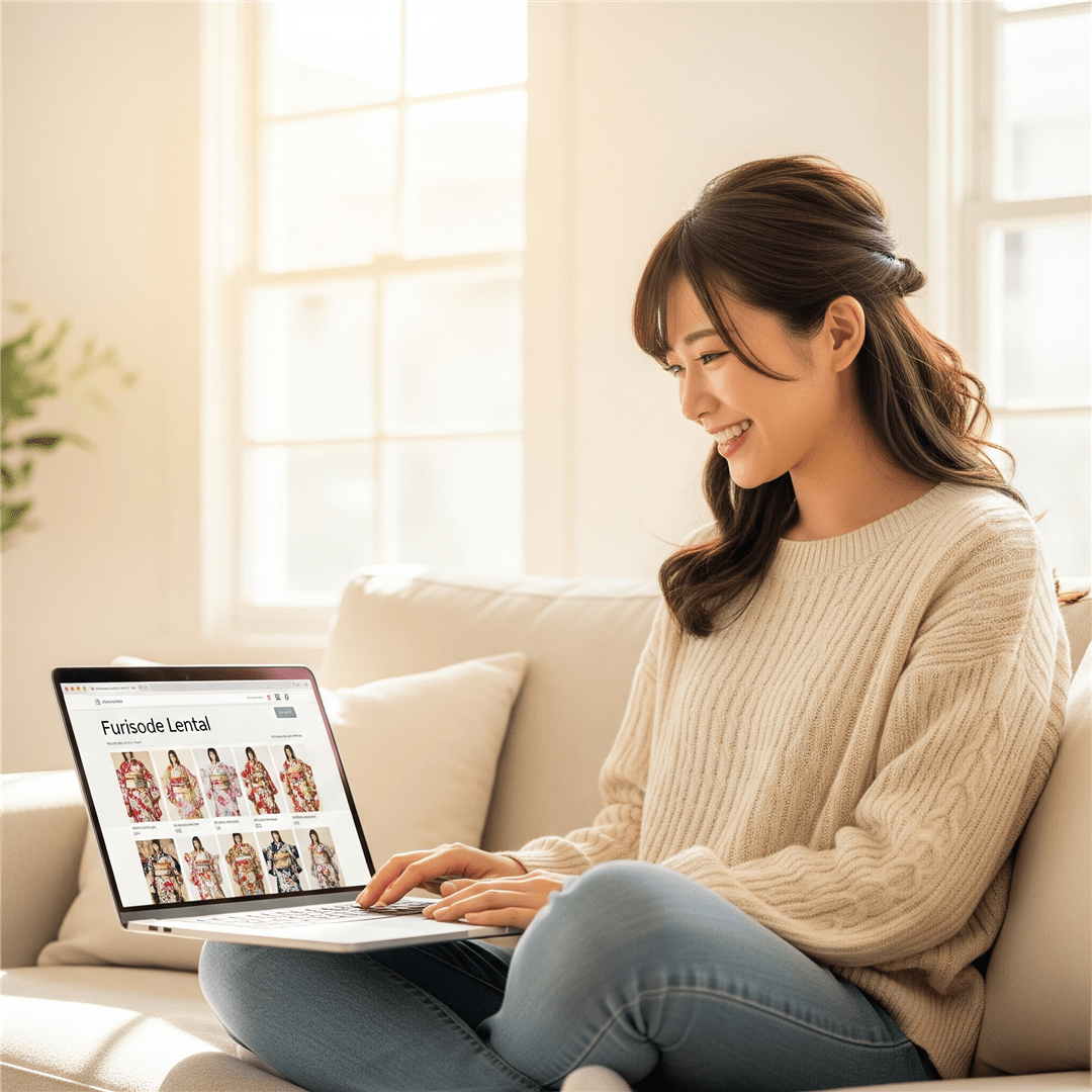 自宅でノートPCで振袖を選ぶ若い女性