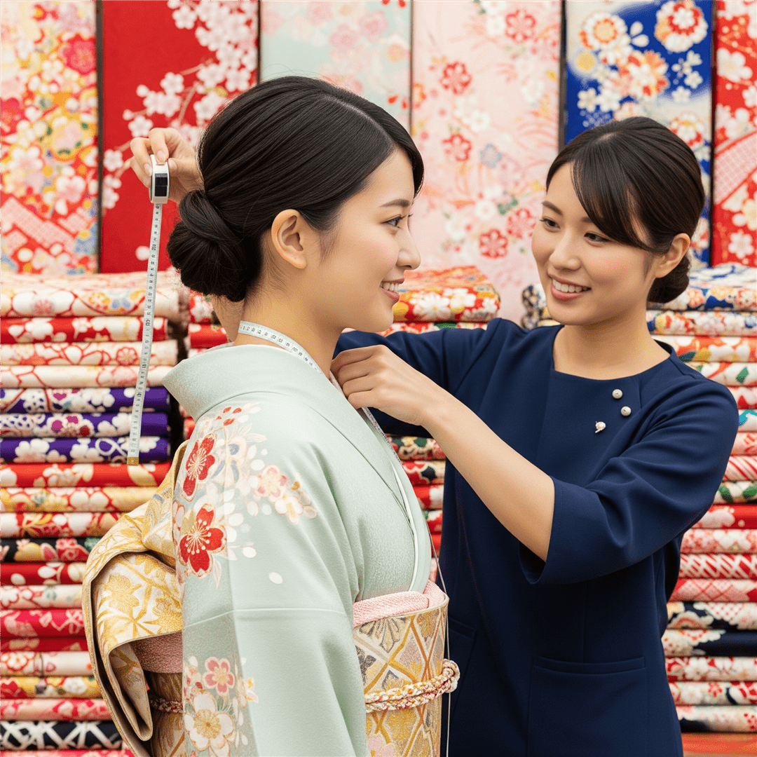 振袖店で採寸してもらう若い日本人女性