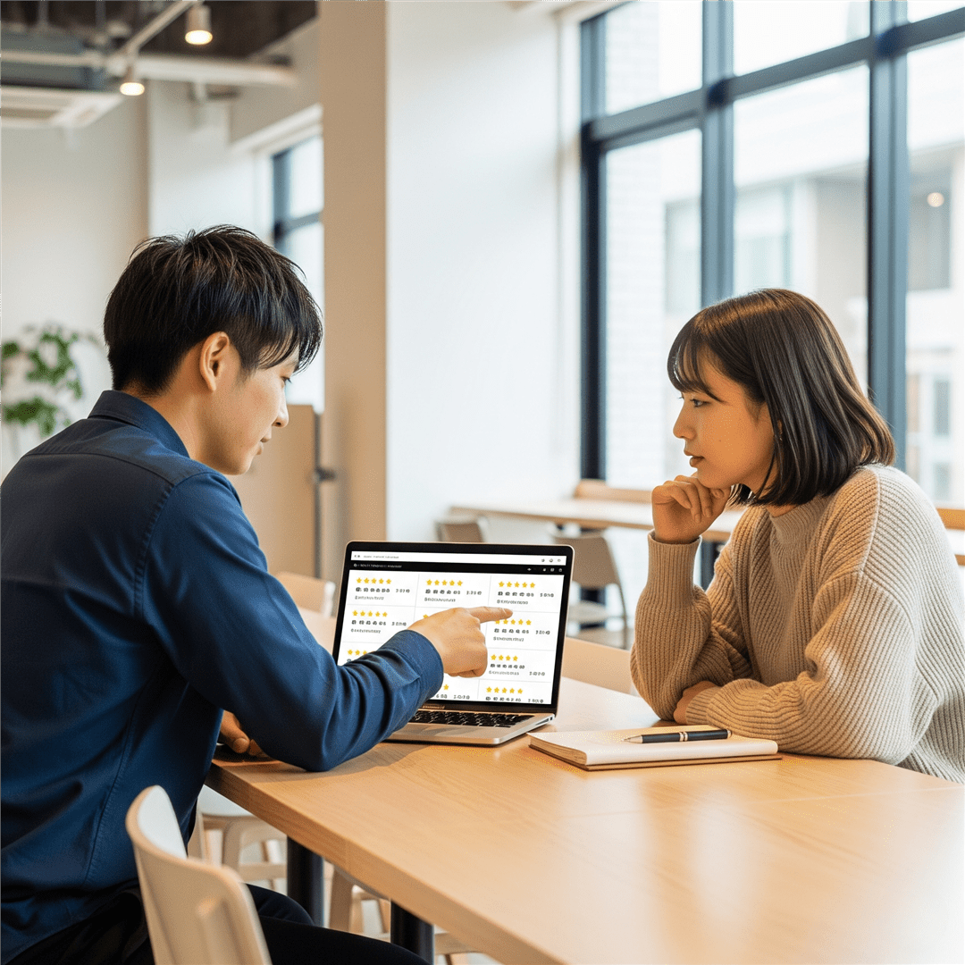 ノートPCで口コミ情報を見ながら真剣に話し合う若い男女