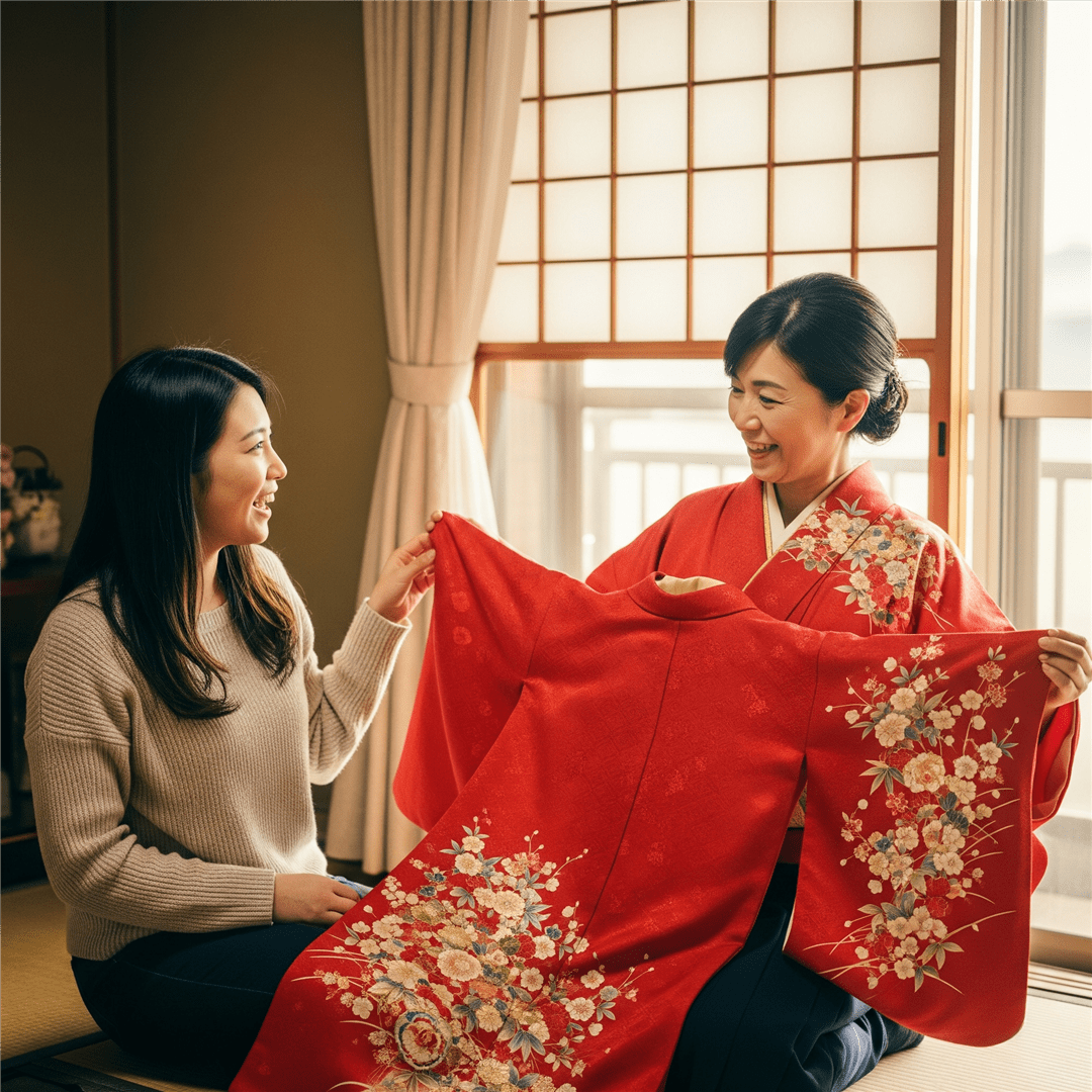 自宅で母親の振袖を見る若い女性