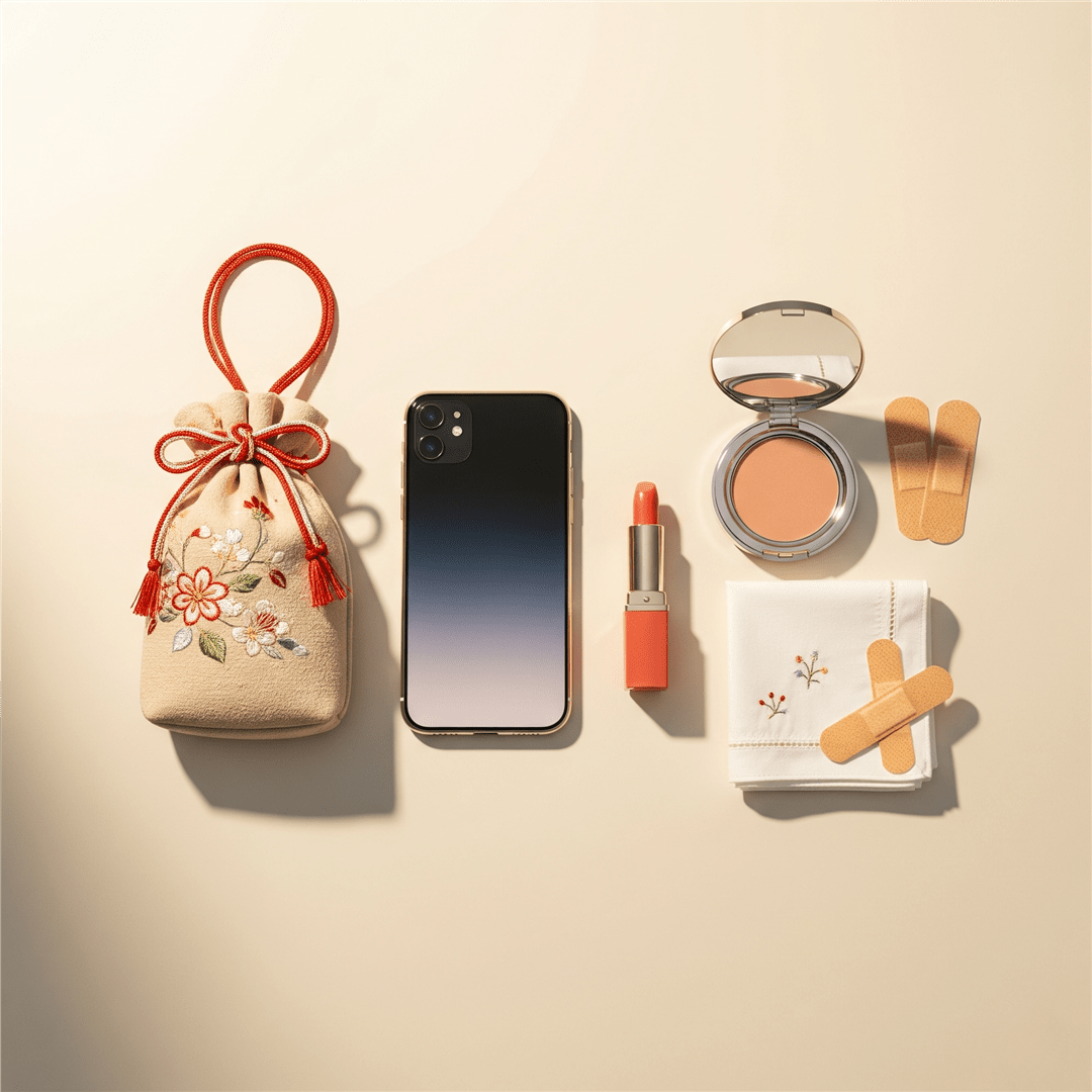 成人式の持ち物が和風の背景に並べられた画像