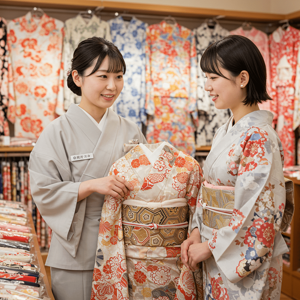 振袖選びでスタッフに相談する女性客