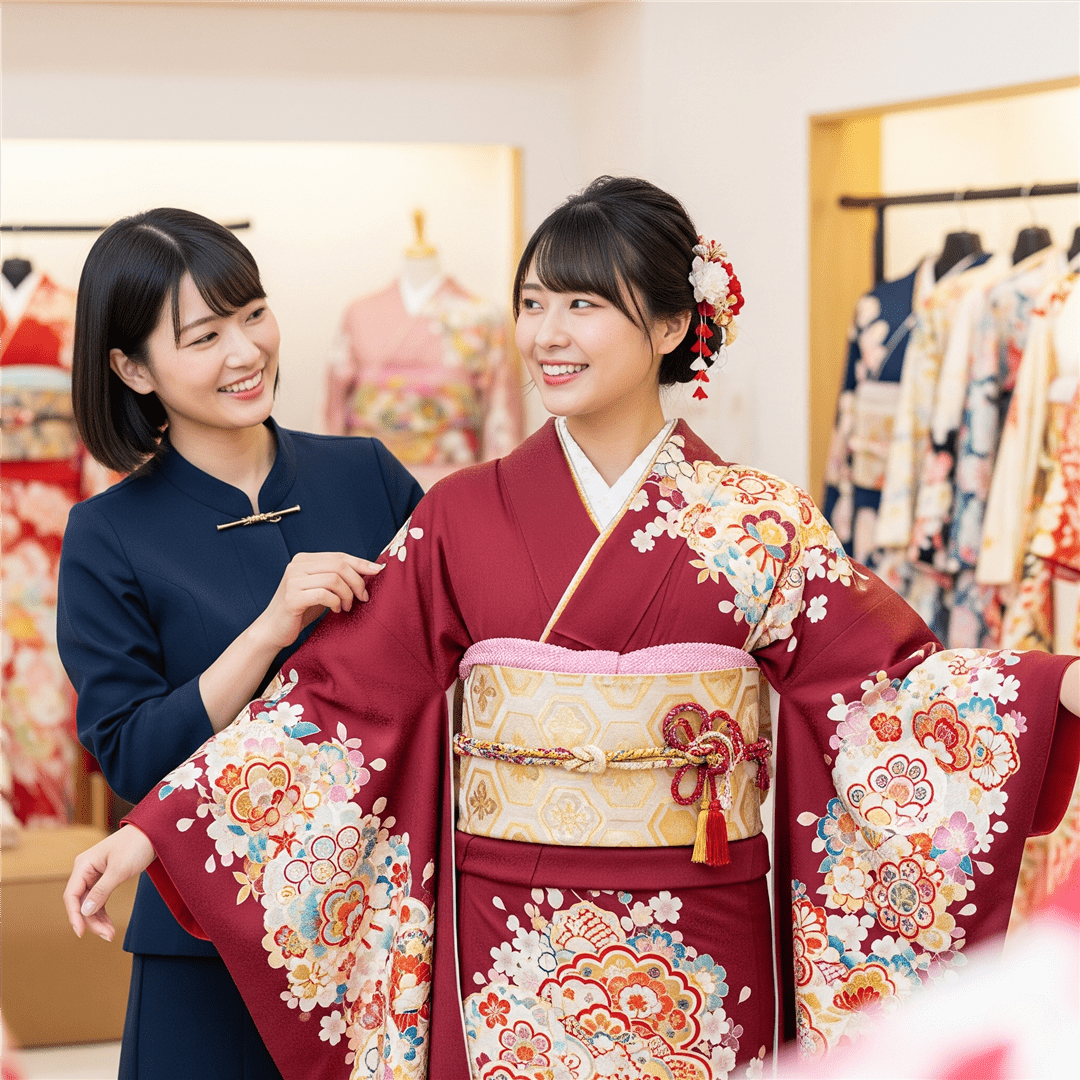振袖店でスタッフと振袖を試着する女性